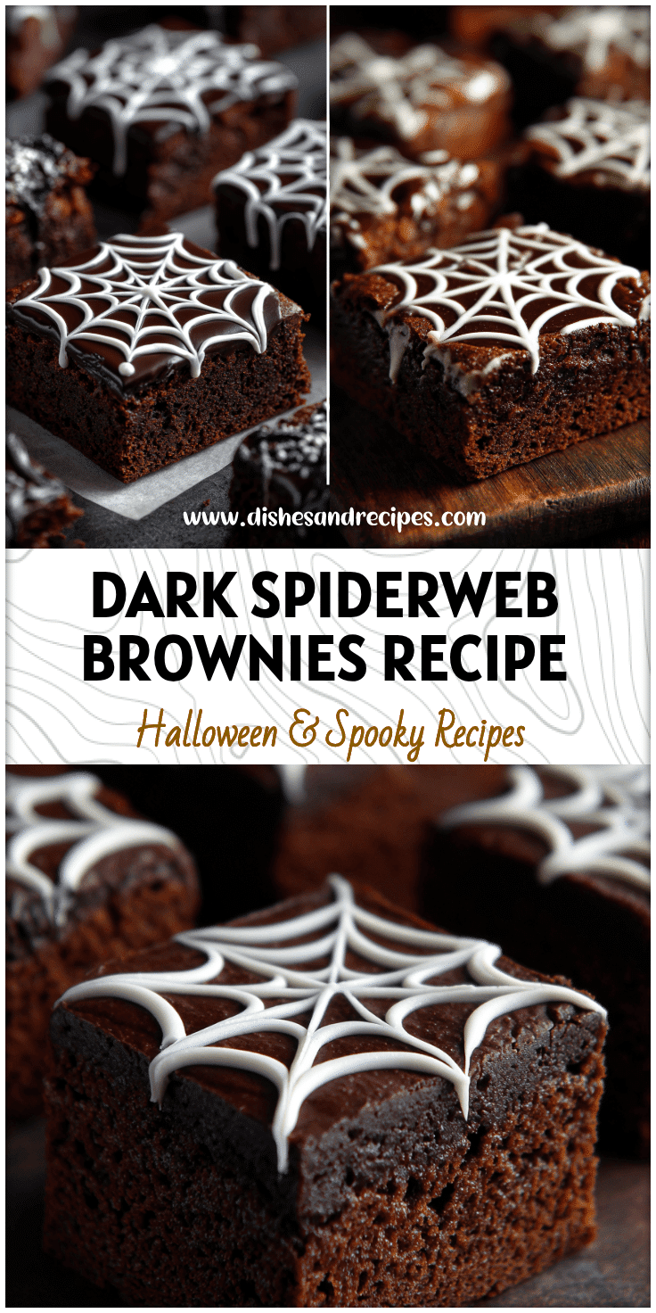 Dark chocolate goth-style brownies with white spiderweb icing for spooky Halloween sweets.